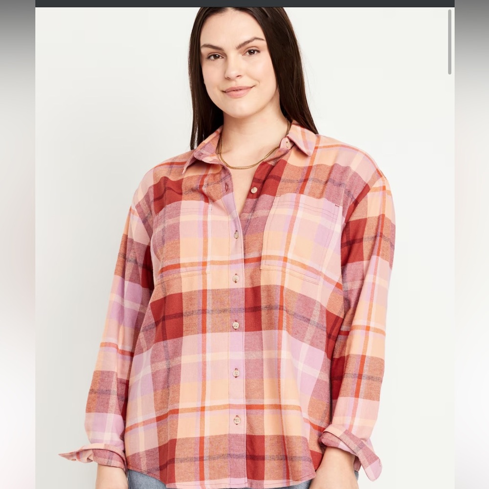 Old Navy Flannel Boyfriend Button Down Shirt. Large. Orange plaid.